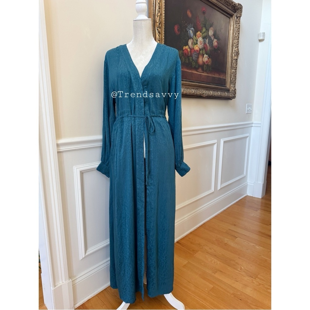 Anthropologie Blue Smocked Waist Maxi Dress Robe Boho Lounge Size L/XL NWT - Picture 10 of 13